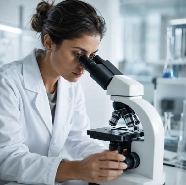 Chercheuse examinant une culture de probiotiques au microscope